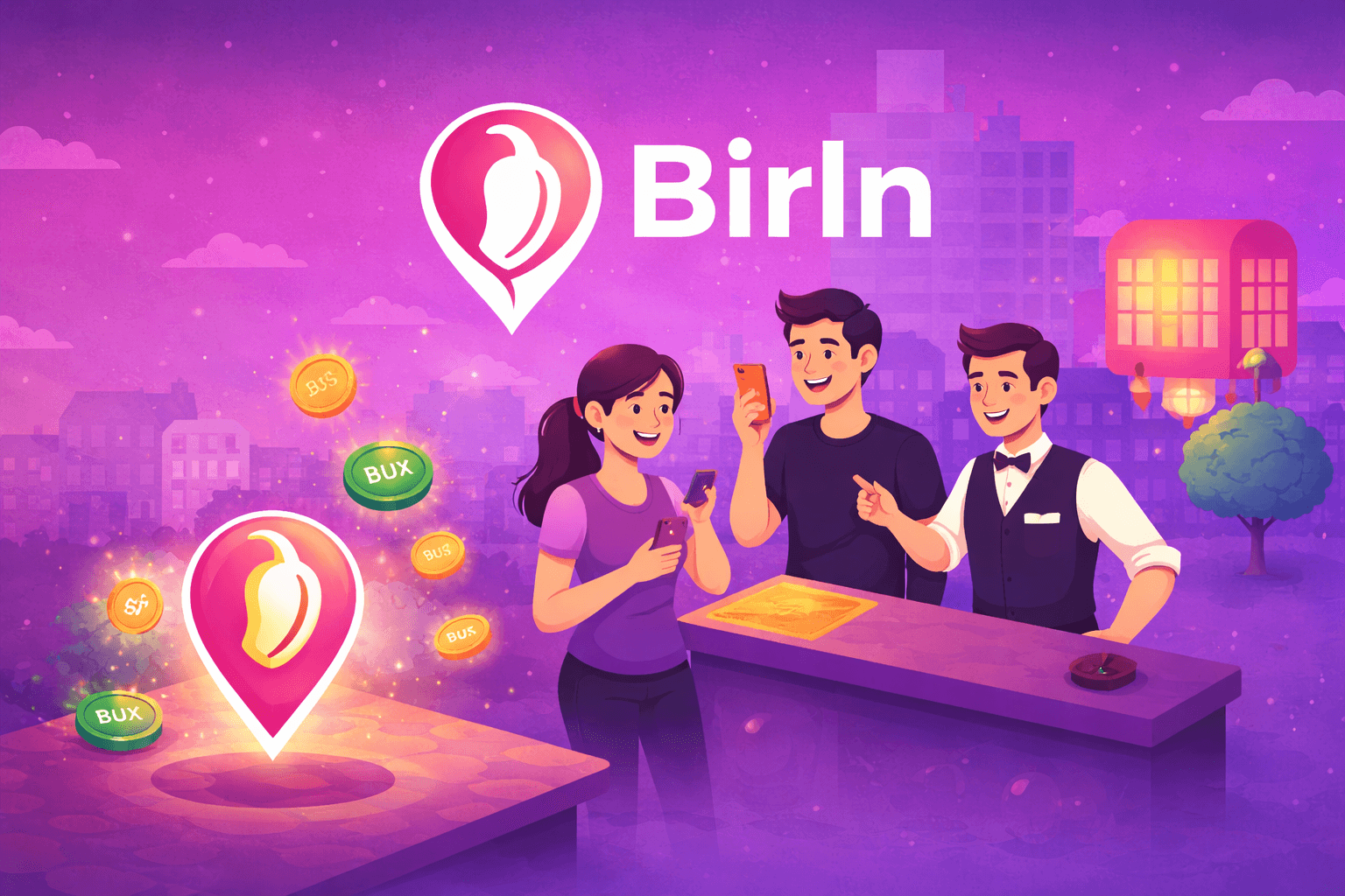 Two friends with phones at a bar counter as a bartender looks on, with Birln check-in pins and Bux coins floating around them