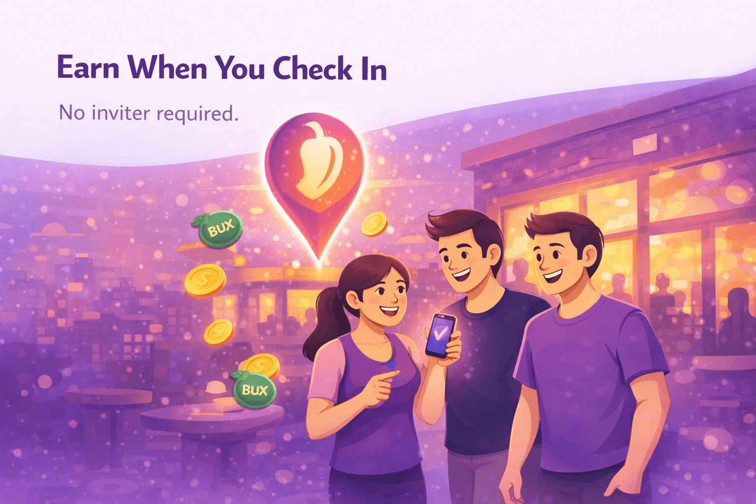 Three friends outside a venue at dusk, one holding a phone with a Birln check-in pin floating above
