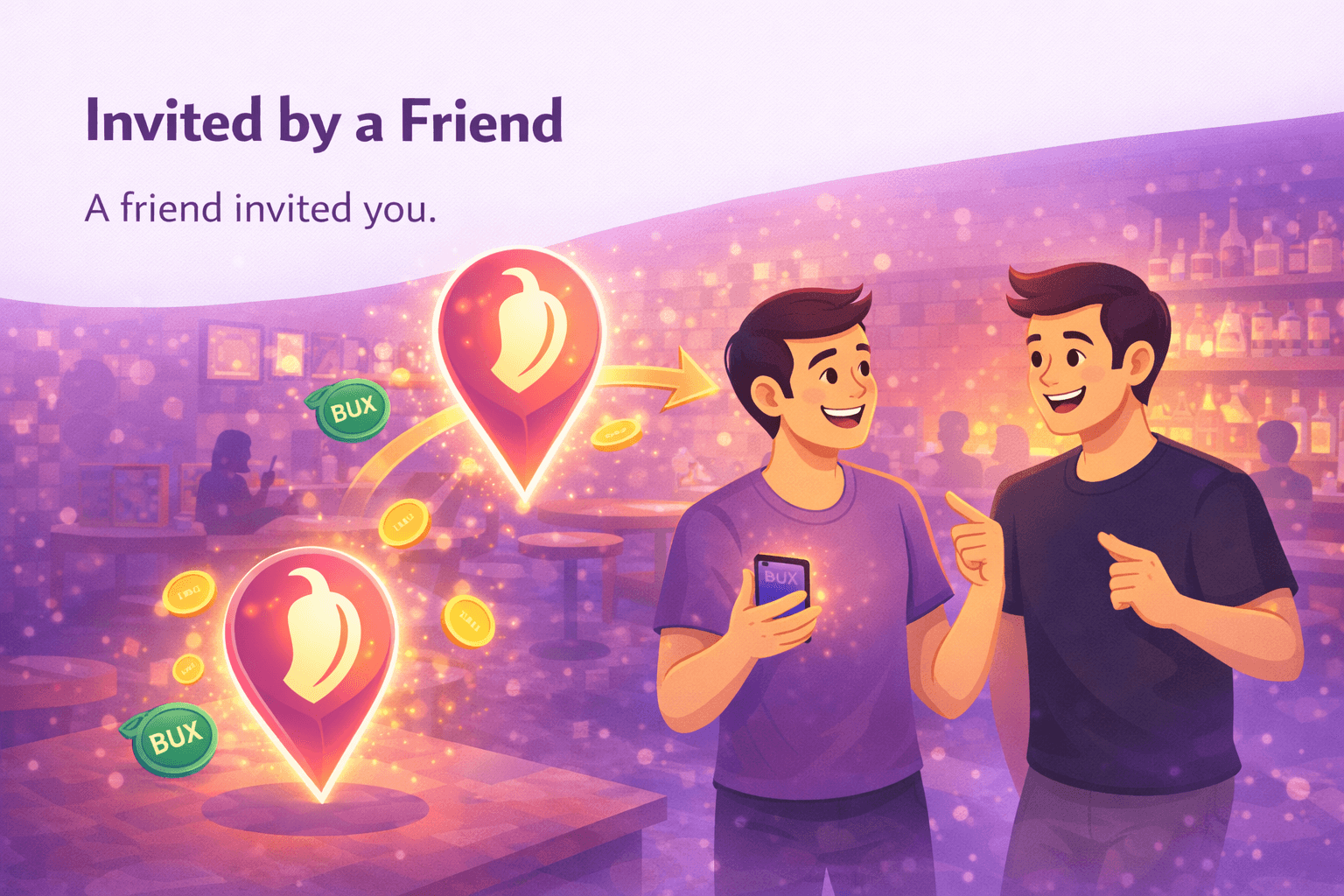 Two friends at a bar, one holding a phone showing a Birln invite while the other gestures toward it