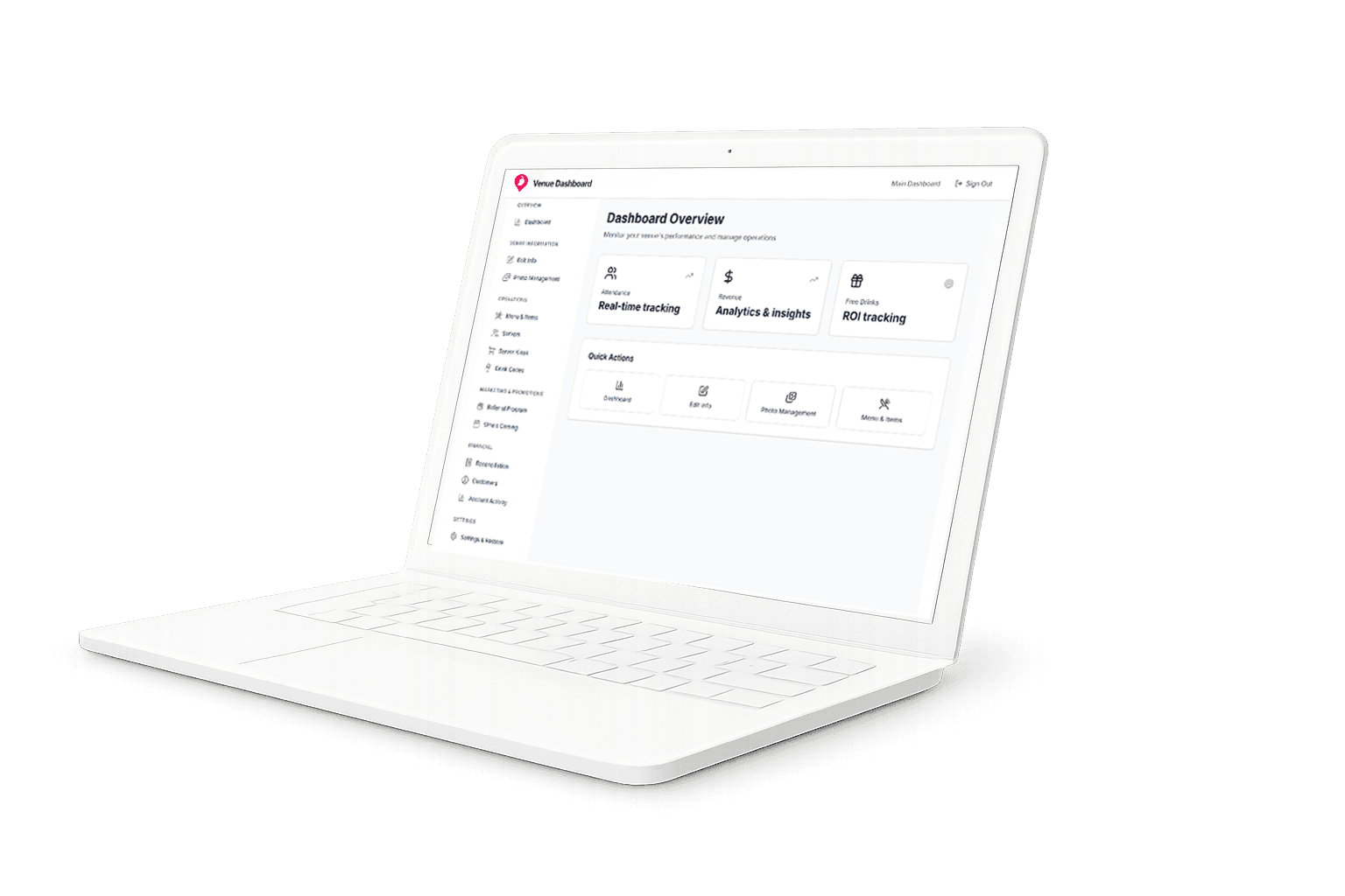 Venue dashboard laptop mockup with analytics and controls