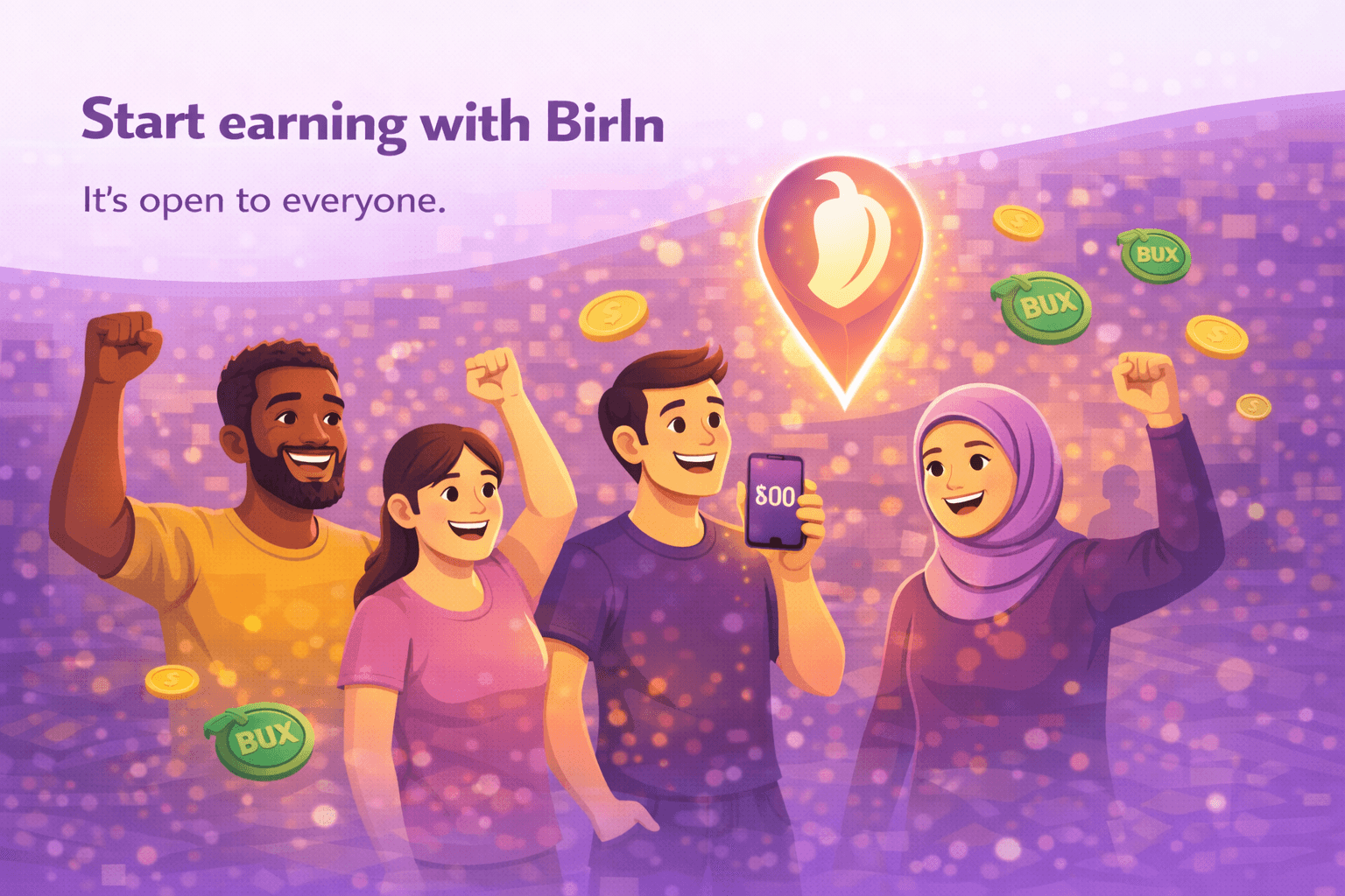 A diverse group of four people cheering with raised arms, one holding a phone showing a Birln pin, surrounded by floating Bux coins