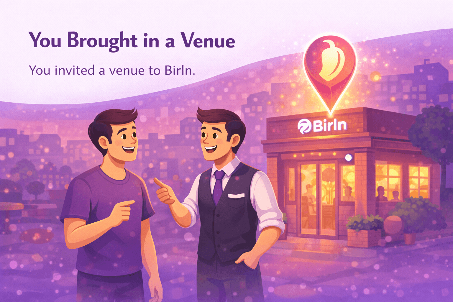 A customer talking to a venue owner outside a Birln-branded storefront at dusk